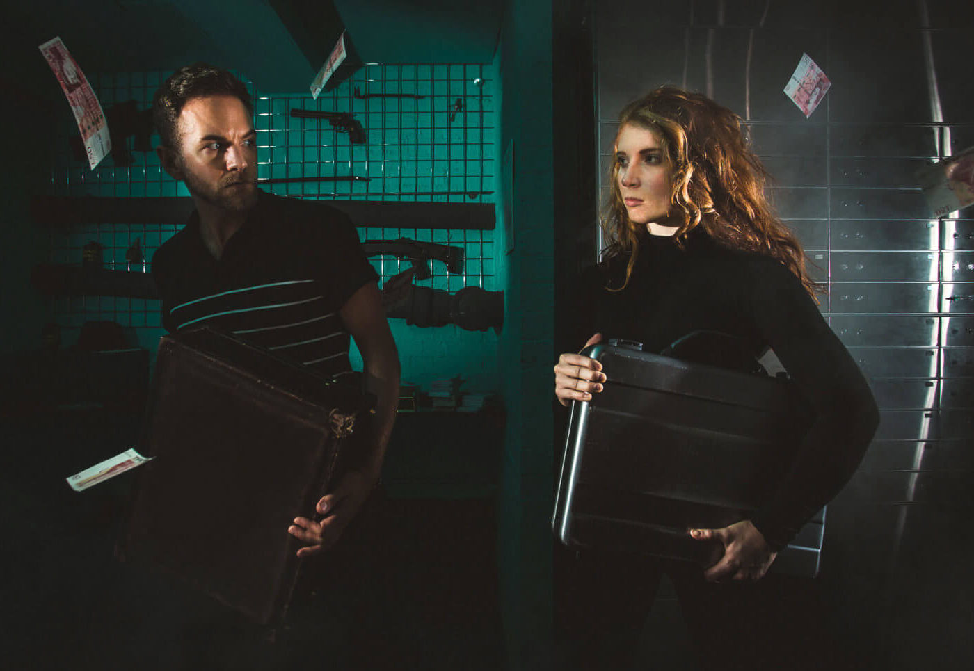 A man and woman stealing a briefcase of money within a secure room
