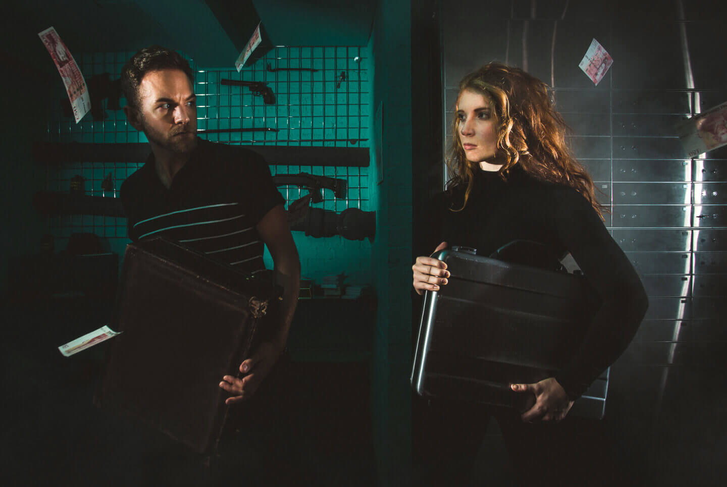 A man and woman stealing a briefcase of money within a secure room