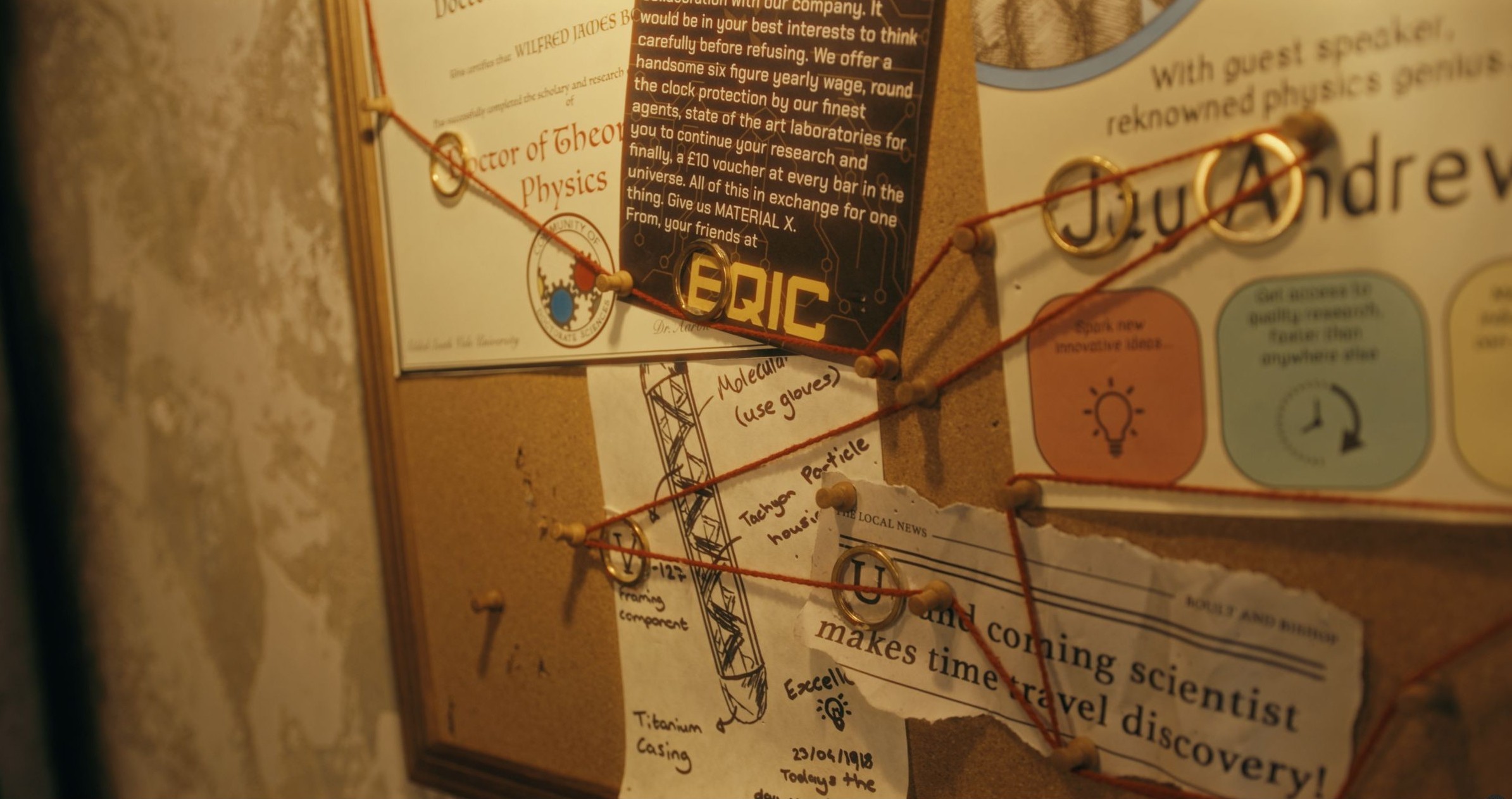 Chalk board with notes. Enigma Quests Escape Room Inventor's Odyssey Through Time