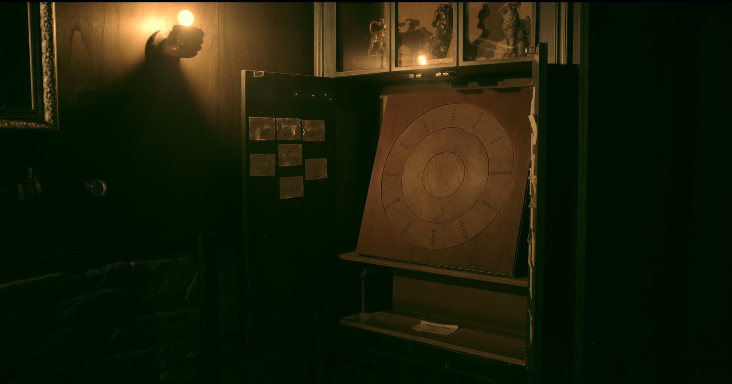 Mysterious board in dark room. Enigma Quests Escape Room World of Witchcraft and Wizardry
